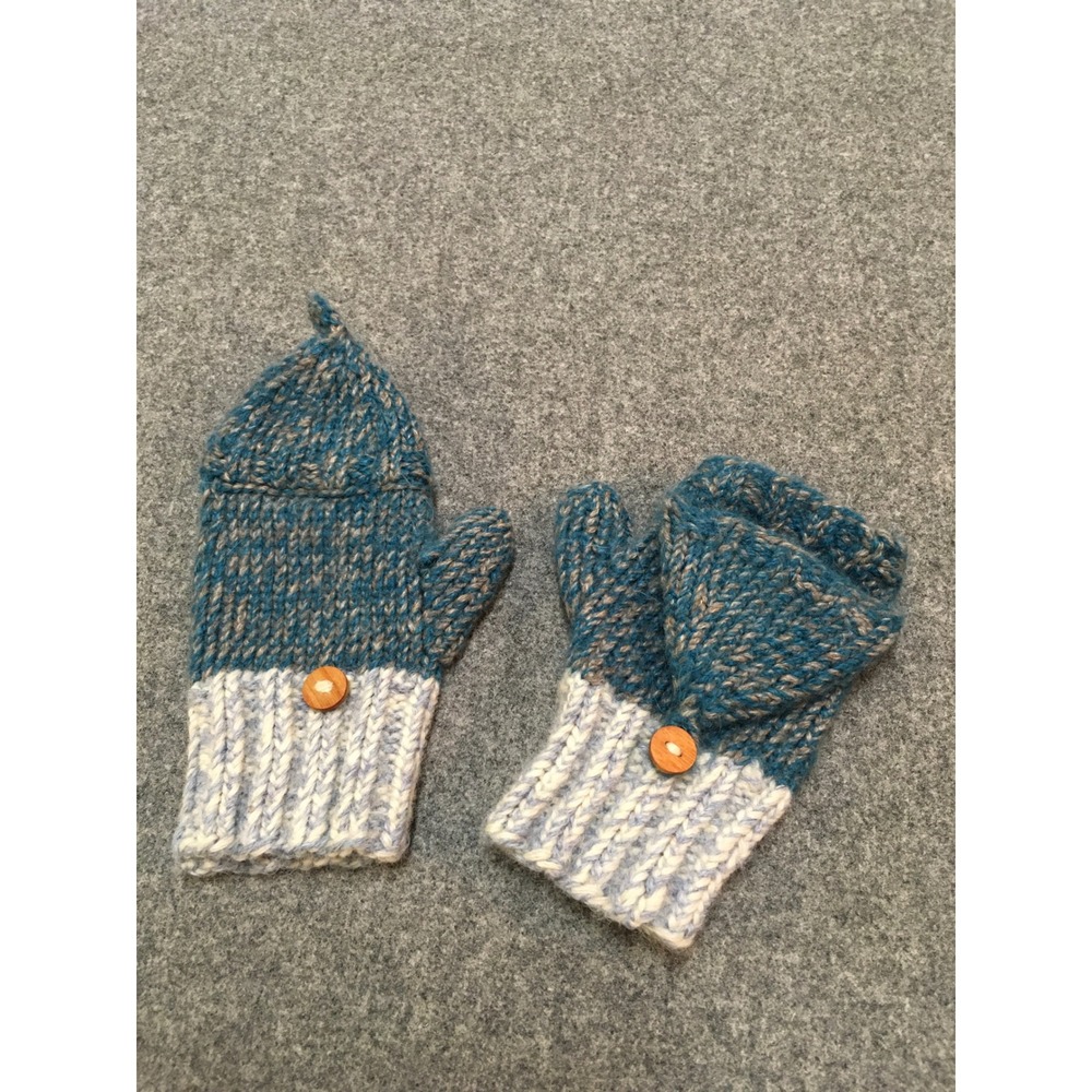 Handmade Convertible Mittens Kids Ages 4-8 Blue 100% Wool Flip Top Gloves